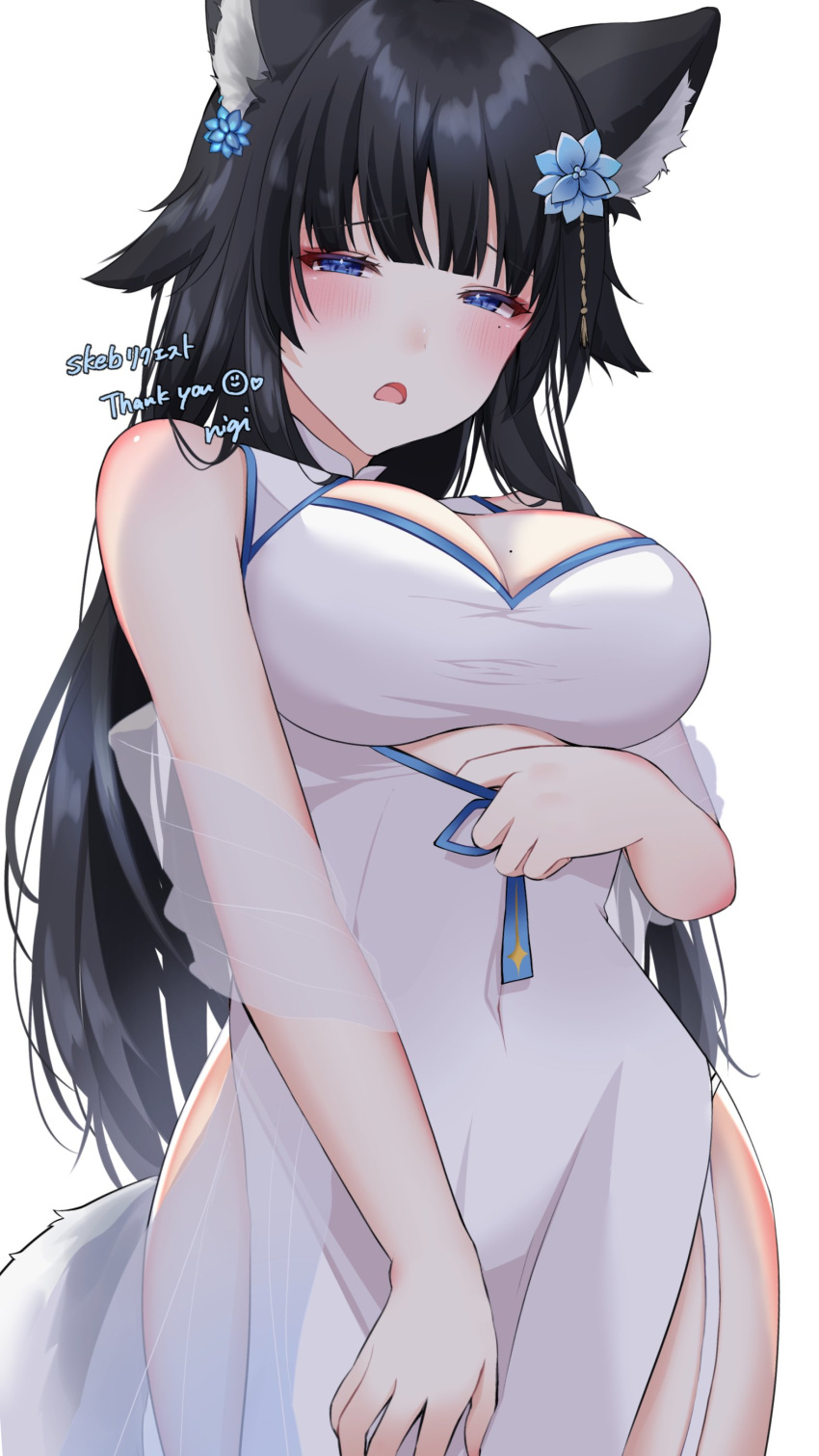 1girl absurdres adjusting_clothes animal_ear_fluff animal_ears bare_shoulders black_hair blue_eyes blush breasts china_dress chinese_clothes cleavage_cutout clothing_cutout commentary_request commission dress flower fox_ears fox_girl fox_tail hair_flower hair_ornament highres indie_virtual_youtuber large_breasts long_hair looking_at_viewer mole mole_on_breast mole_under_eye ngmnoym open_mouth sakae_izumi simple_background skeb_commission sleeveless sleeveless_dress solo tail thank_you virtual_youtuber white_background white_dress