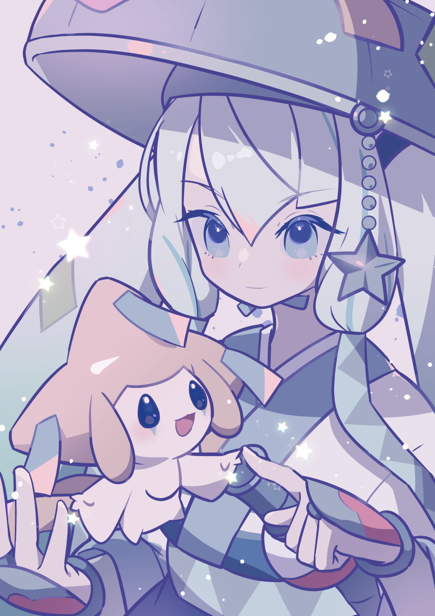 1girl absurdres aqua_hair blue_eyes blue_hair blue_headwear closed_mouth flute grey_background grey_hair hair_between_eyes hat hatsune_miku highres instrument japanese_clothes jirachi kimono long_hair multicolored_hair pokemon pokemon_(creature) project_voltage sandogasa shiramizore_(rate1026) smile solo star_(symbol) steel_miku_(project_voltage) streaked_hair twintails vocaloid white_kimono
