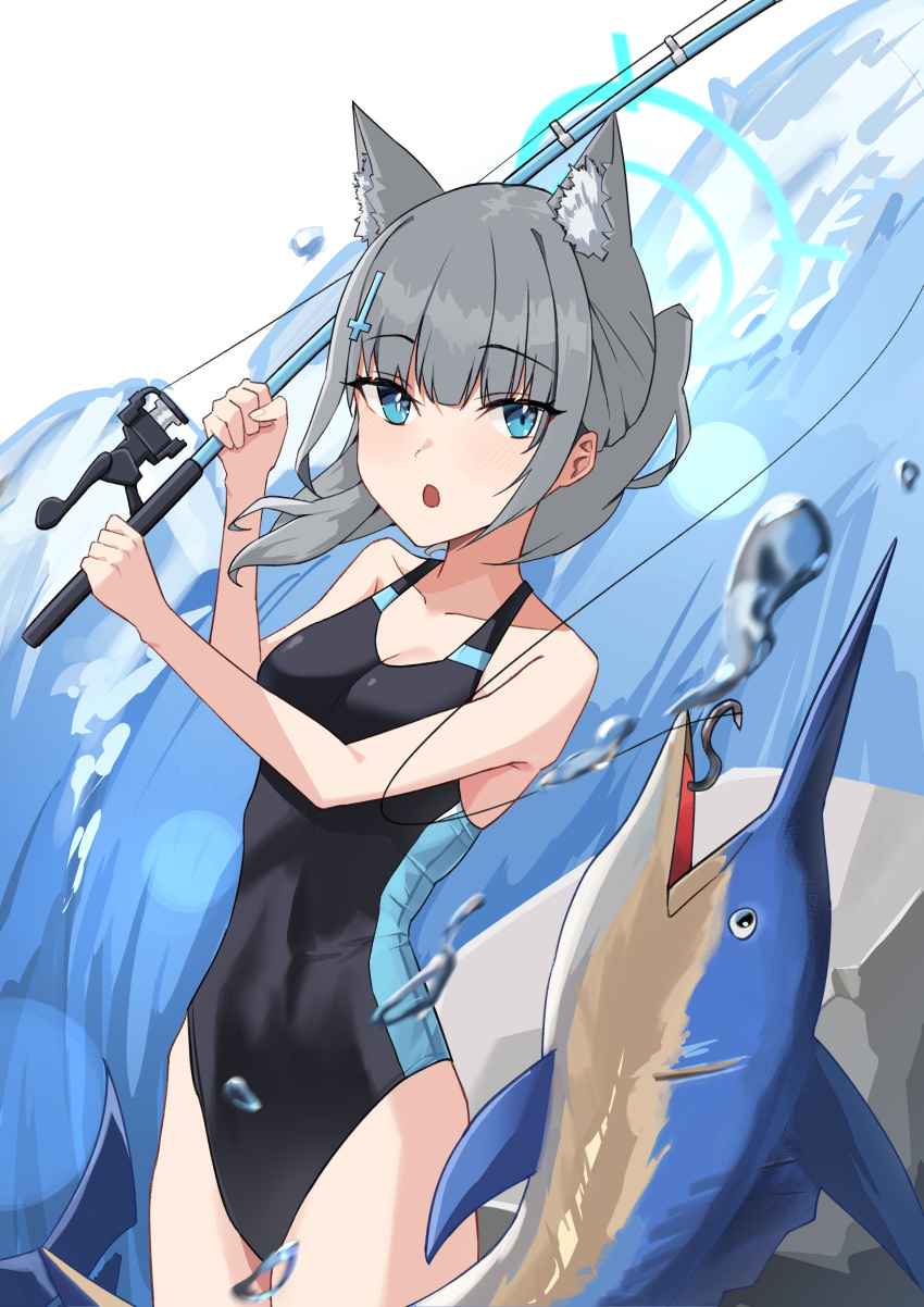 1girl absurdres animal_ear_fluff animal_ears black_one-piece_swimsuit blue_archive blue_eyes breasts competition_swimsuit covered_navel cowboy_shot cross_hair_ornament extra_ears fish fishing_rod grey_hair hair_ornament halo highres low_ponytail medium_breasts medium_hair mismatched_pupils multicolored_clothes multicolored_swimsuit official_alternate_costume one-piece_swimsuit shiroko_(blue_archive) shiroko_(swimsuit)_(blue_archive) solo swimsuit swordfish water wolf_ears xahyl