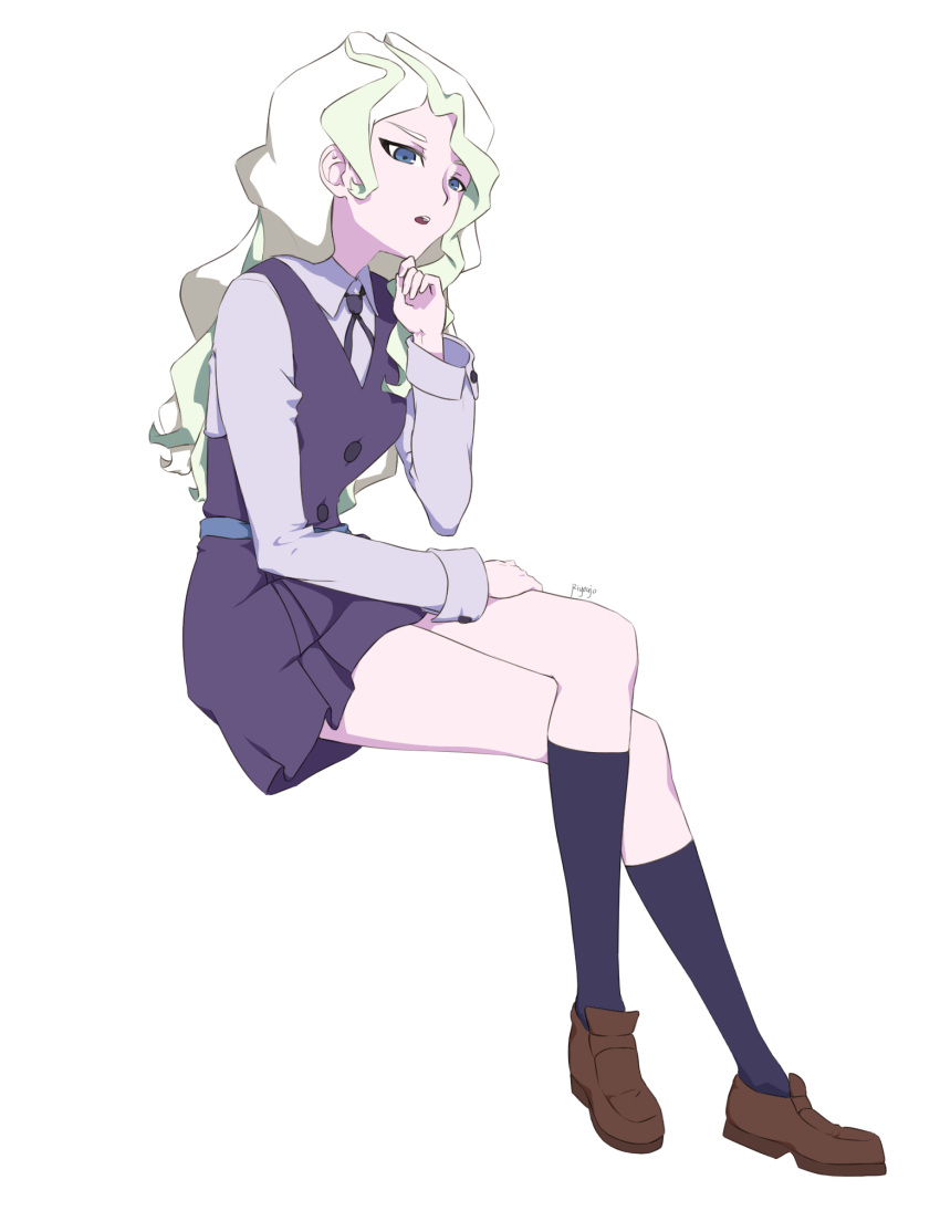 1girl ar_jart blonde_hair blue_eyes crossed_legs diana_cavendish dress full_body hand_on_own_chin highres invisible_chair kneehighs legs little_witch_academia loafers long_hair long_sleeves luna_nova_school_uniform multicolored_hair parted_lips pinafore_dress school_uniform shoes signature simple_background sitting socks streaked_hair thighs white_background