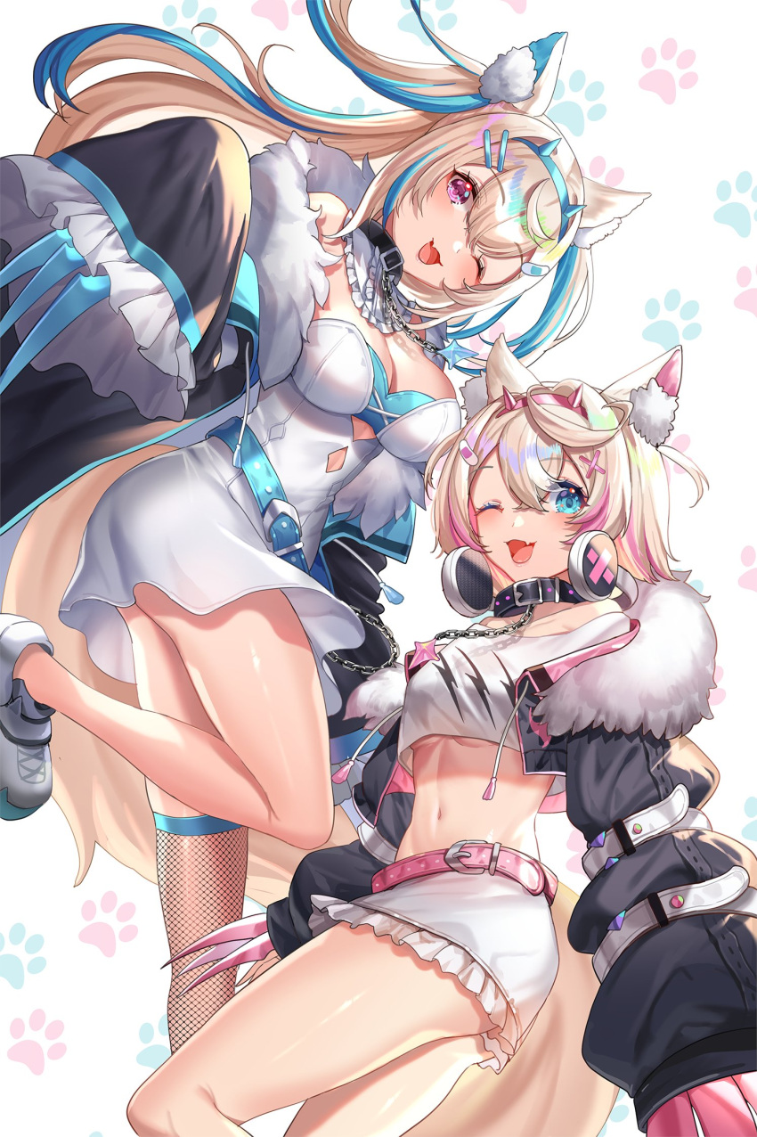 2girls animal_ear_fluff animal_ears bandaid_hair_ornament belt belt_collar black_collar blonde_hair blue_belt blue_brooch blue_eyes blue_hair breasts collar dog_ears dog_girl fake_claws fang fishnet_thighhighs fishnets fur-trimmed_jacket fur_trim fuwawa_abyssgard hair_ornament hanh_chu headband highres hololive hololive_english jacket long_hair midriff mococo_abyssgard multicolored_hair multiple_girls navel open_mouth pink_belt pink_eyes pink_hair pink_headband siblings single_thighhigh sisters skin_fang streaked_hair thighhighs twins virtual_youtuber