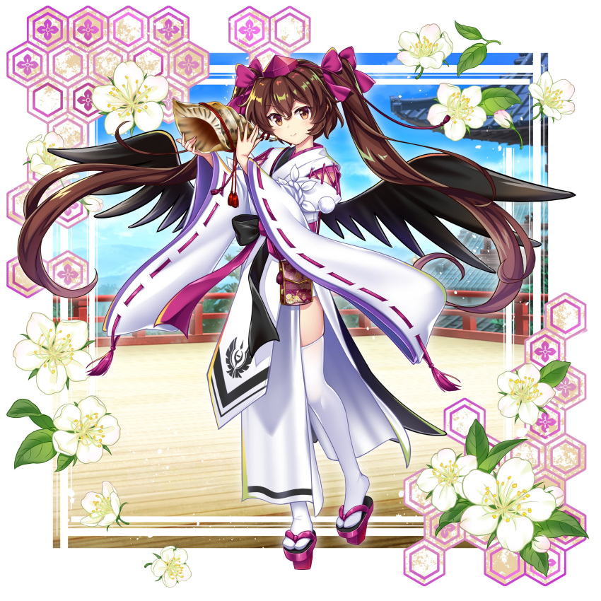 1girl absurdres bird_wings black_wings brown_eyes brown_hair closed_mouth commentary conch english_commentary flower full_body game_cg geta hat highres himekaidou_hatate himekaidou_hatate_(white_crow_of_commemorative_photos) japanese_clothes kimono kourindou_tengu_costume long_hair looking_at_viewer official_alternate_costume outdoors purple_footwear purple_headwear ribbon-trimmed_sleeves ribbon_trim rotte_(1109) sash second-party_source shell smile solo tengu-geta thighhighs tokin_hat touhou touhou_lost_word twintails white_flower white_kimono white_thighhighs wide_sleeves wings