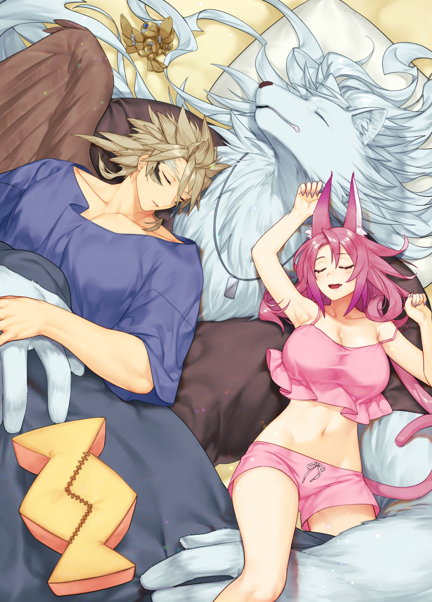 1girl 2boys absurdres animal_ears bird breasts commentary_request crop_top dog_tags duel_monster fang fingernails furry furry_male grey_hair hand_on_another's_hand highres large_breasts light_brown_hair long_fingernails long_hair lying lying_on_person midriff multiple_boys navel non-humanoid_robot on_back pillow pink_hair pink_shorts pink_tail robot robot_animal saliva shared_blanket shorts sleeping tail tri-brigade_ferrijit_the_barren_blossom tri-brigade_mercourier tri-brigade_rugal_the_silver_sheller tri-brigade_shuraig_the_ominous_omen vulture_(washizu0808) wings yu-gi-oh!