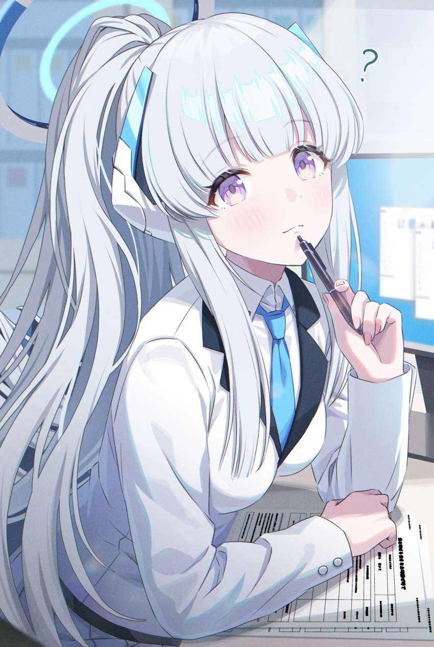 1girl absurdres alternate_hairstyle blue_archive blue_necktie blush closed_mouth collared_shirt grey_hair halo highres holding holding_pen long_hair long_sleeves looking_at_viewer mechanical_halo microsoft_windows momomoi_momoi monitor necktie noa_(blue_archive) paper pen pleated_skirt ponytail purple_eyes shirt skirt solo suit white_shirt white_skirt