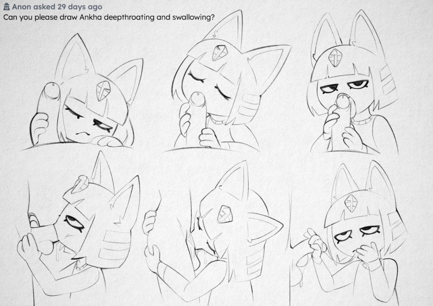 animal_crossing ankha_(animal_crossing) bedroom_eyes big_ears black_lips deep_throat domestic_cat duo emotionless english_text eyelashes eyes_closed felid feline felis fellatio female genitals hair hairless hairless_cat hand_on_butt jewelry lips male mammal monochrome narrowed_eyes necklace nintendo oral penile penis seductive sex short_hair simple_background sphynx_(cat) swallowing text xu53r