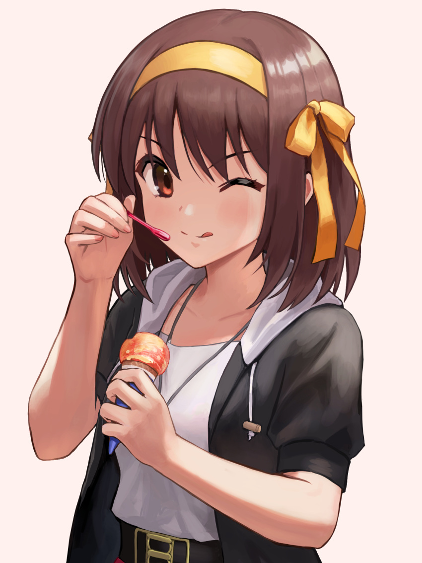 1girl ;q belt black_belt black_jacket bob_cut brown_eyes brown_hair casual collarbone commentary_request food hair_ribbon hairband highres holding holding_food holding_spoon ice_cream ice_cream_cone ice_cream_spoon ishiyuki jacket looking_at_viewer medium_hair one_eye_closed open_clothes open_jacket ribbon shirt short_sleeves single_scoop solo spoon suzumiya_haruhi suzumiya_haruhi_no_yuuutsu tongue tongue_out upper_body white_shirt yellow_hairband yellow_ribbon