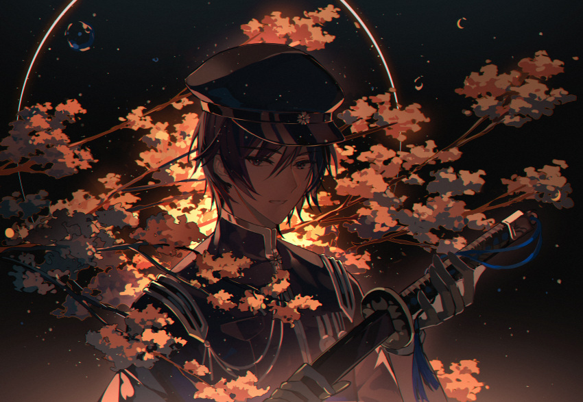 1boy absurdres backlighting black_headwear blue_eyes blue_hair branch bubble cherry_blossoms eclipse gloves hair_between_eyes highres holding holding_sword holding_weapon japanese_clothes kaito_(vocaloid) katana kazenemuri limited_palette looking_at_viewer lunar_eclipse male_focus military military_uniform night rei_no_sakura_sousetsu_(module) serious short_hair sky sword tree uniform vocaloid weapon white_gloves