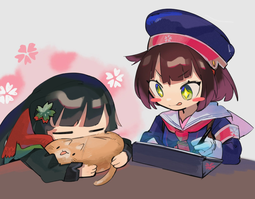 2girls :p armband black_hair blush_stickers brown_hair cat chesed_(uporyz) commentary_request drawing girls'_frontline green_eyes hair_ornament hat highres holding holding_stylus long_hair multiple_girls orange_cat sailor_collar scarf short_hair sleeping star-shaped_pupils star_(symbol) stylus symbol-shaped_pupils tablet_pc tongue tongue_out type_100_(girls'_frontline) type_4_(girls'_frontline) upper_body white_sailor_collar