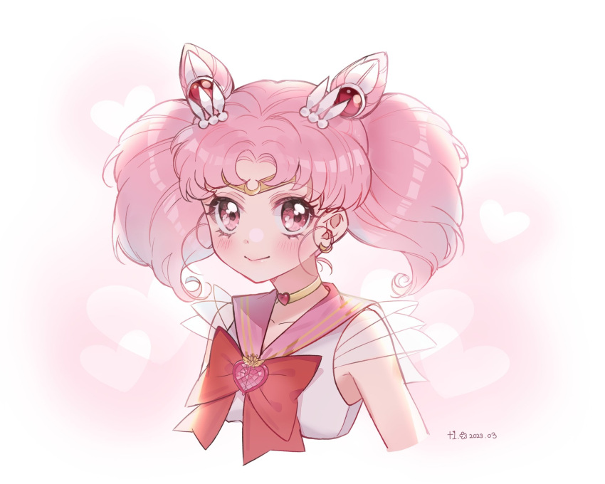 +1_(yakusoku0722) 1girl bishoujo_senshi_sailor_moon blush bow bowtie chibi_usa choker cone_hair_bun double_bun hair_bun heart heart_choker highres looking_at_viewer parted_bangs pink_eyes pink_hair pink_sailor_collar red_bow red_bowtie sailor_chibi_moon sailor_collar sailor_senshi short_hair short_sleeves short_twintails smile solo twintails