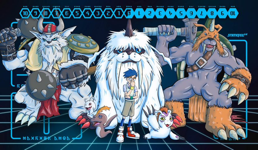 belt blue_hair claws digimon digimon_(creature) digimon_adventure evolutionary_line glasses gomamon hammer highres horns ikkakumon kido_jou pitchmon pukamon salute sharp_teeth standing staticfox64 tail teeth vikemon zudomon