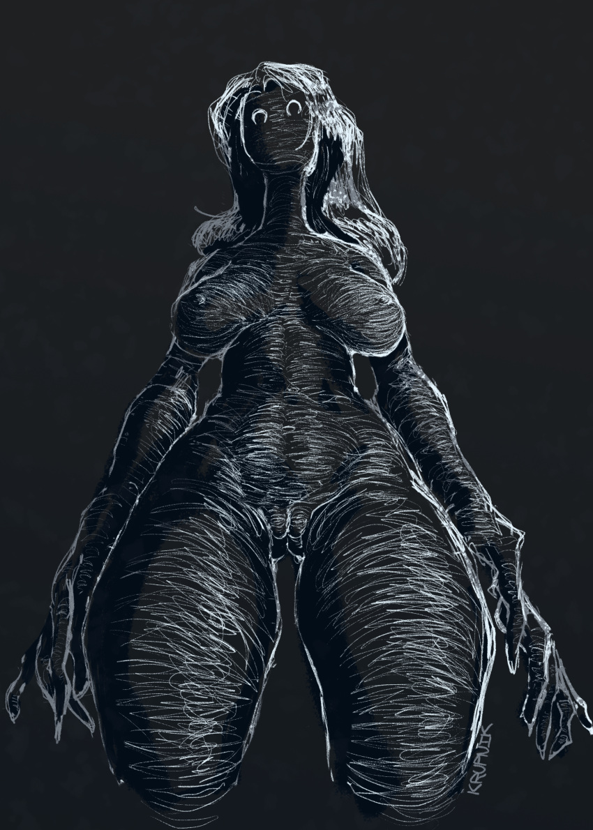 absurd_res alternate_(species) big_breasts breasts butt_from_the_front female genitals grey_background grey_body hair hi_res huge_breasts humanoid long_hair looking_at_viewer low-angle_view mandela_catalogue monster monstrous_humanoid mouthless nipple_outline nude pussy shadow_creature shadow_humanoid simple_background solo suspnik thick_thighs wide_hips worm's-eye_view