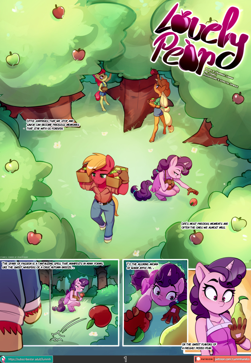 anthro apple apple_bloom_(mlp) apple_tree applejack_(mlp) big_macintosh_(mlp) blonde_hair chilllum clothed clothing comic earth_pony english_text equid equine eye_roll female food friendship_is_magic fruit fruit_tree gloves green_eyes group hair handwear hasbro hat headgear headwear hi_res horn horse male mammal my_little_pony pear pink_body plant pony purple_eyes purple_hair red_body smile spirale sugar_belle_(mlp) text tomiku tree unicorn