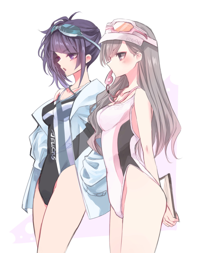 2girls absurdres blunt_bangs blush breasts competition_swimsuit goggles goggles_on_head grey_hair highres idolmaster idolmaster_shiny_colors kasasabinet looking_ahead medium_breasts mouth_hold multiple_girls one-piece_swimsuit profile purple_eyes purple_hair side_ponytail simple_background swimsuit tanaka_mamimi whistle white_background yukoku_kiriko