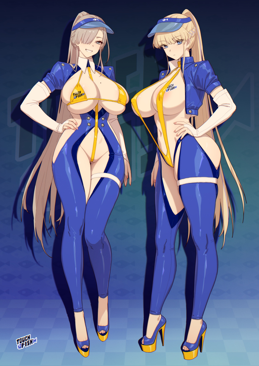 2girls :d absurdres areola_slip artist_name ass_visible_through_thighs asuna_(blue_archive) between_breasts bikini bikini_top_only blonde_hair blue_archive blue_eyes blue_footwear body_writing braid breasts bridal_gauntlets cleavage closed_mouth covered_nipples cropped_jacket full_body gradient_background grin hair_over_one_eye hand_on_own_hip high_heels highres jacket large_breasts long_hair mole mole_on_breast multiple_girls navel open_clothes open_jacket parted_lips partially_visible_vulva rekaerb_maerd revealing_clothes shrug_(clothing) skin_tight skindentation slingshot_swimsuit smile standing swimsuit text_background thigh_gap thigh_strap toeless_footwear toki_(blue_archive) very_long_hair visor_cap yellow_slingshot_swimsuit