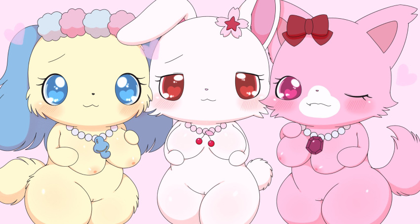 &lt;3 &lt;3_eyes accessory anthro azuo blue_eyes blue_hair blush bow_ribbon breasts canid canine canis domestic_cat domestic_dog facial_tuft felid feline felis female flower flower_in_hair fur garnet_(jewelpet) genitals group hair hair_accessory hair_bow hair_ribbon hi_res jewelpet jewelry lagomorph leporid mammal necklace nipples one_eye_closed persian_cat pink_balls pink_body pink_eyes pink_fur plant pussy rabbit red_eyes ribbons ruby_(jewelpet) sanrio sapphie semi-anthro thick_thighs trio white_body white_fur wide_hips wink yellow_body yellow_fur