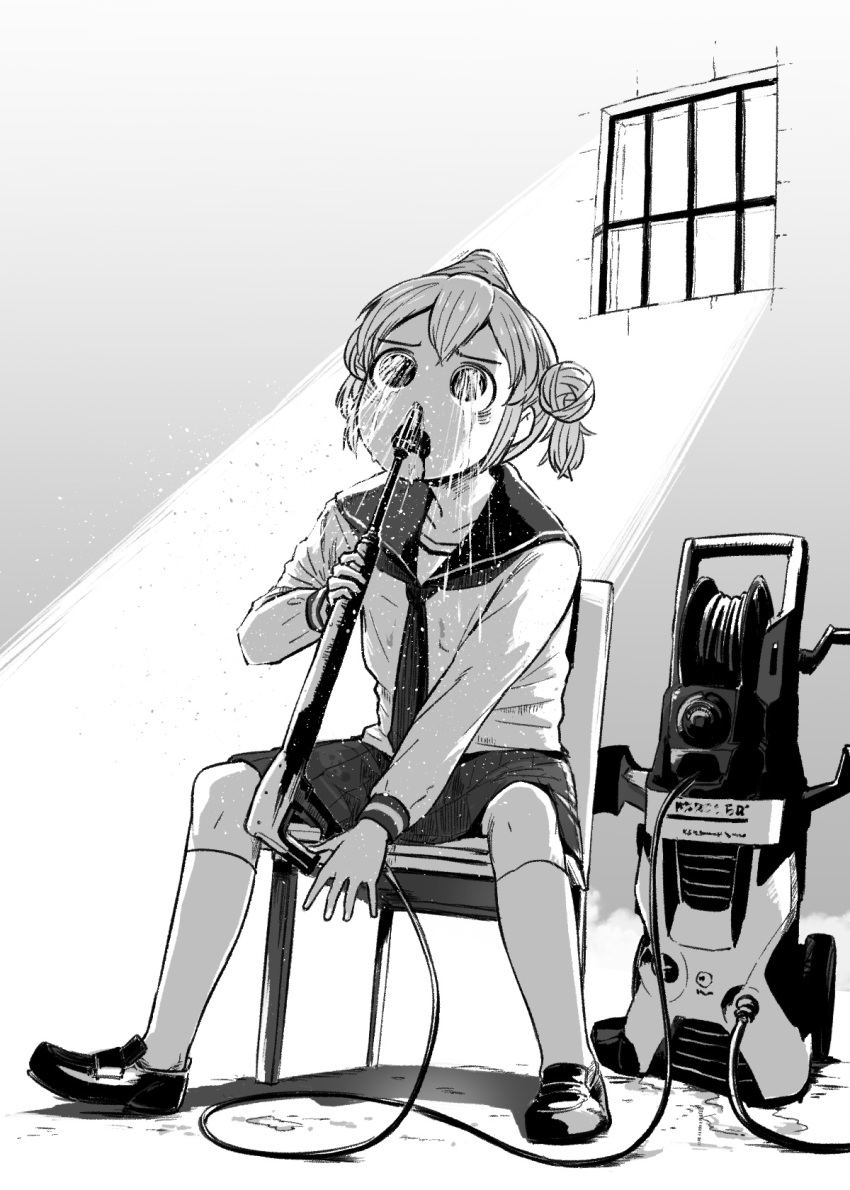 1girl 4shi allergy bags_under_eyes barred_window black_footwear chair collarbone dango-chan_(4shi) double_bun frown full_body greyscale gun_fellatio_(shingeki_no_kyojin) hair_bun highres holding hollow_eyes hollow_mouth hose japanese_clothes kneehighs leaning_forward light light_rays long_sleeves monochrome neckerchief open_mouth pain pressure_washer sailor_collar school_uniform serafuku shingeki_no_kyojin shirt shoes short_hair sitting skirt socks solo spray water white_background window wire