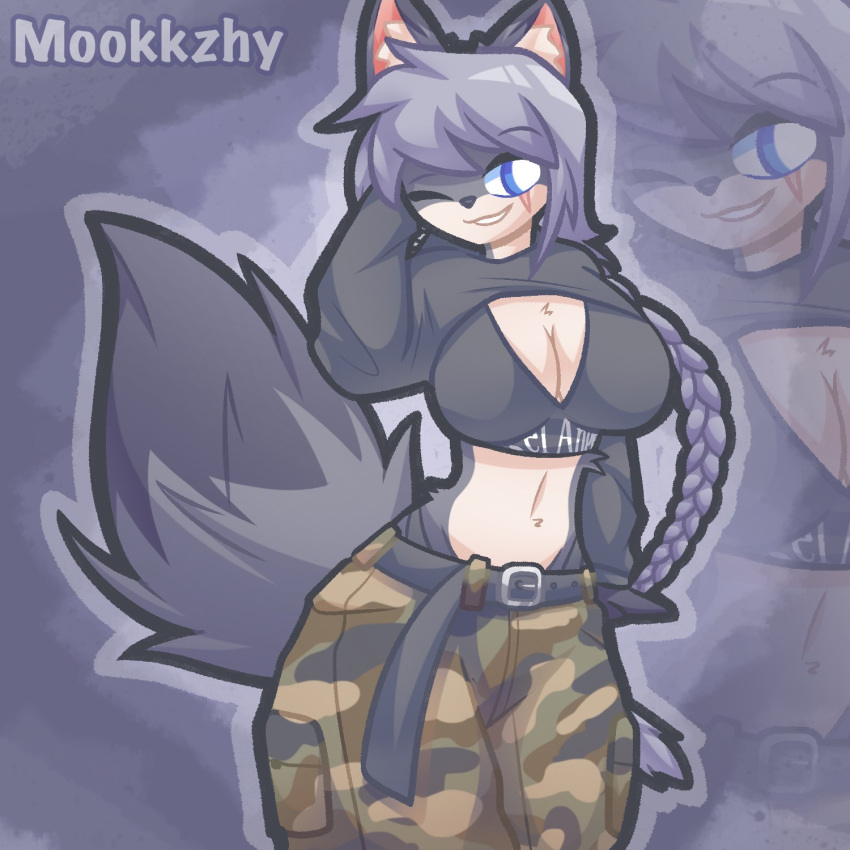 2023 anthro azra_(vex714) belt blue_eyes bottomwear breasts camo camo_bottomwear camo_clothing camo_pants camo_print canid canine cleavage clothed clothing female fluffy fluffy_tail fur grey_body grey_hair hair hi_res long_hair looking_at_viewer mammal midriff mookkzhy navel nude pants pattern_bottomwear pattern_clothing pattern_pants portrait scar smile solo tail three-quarter_portrait underwear