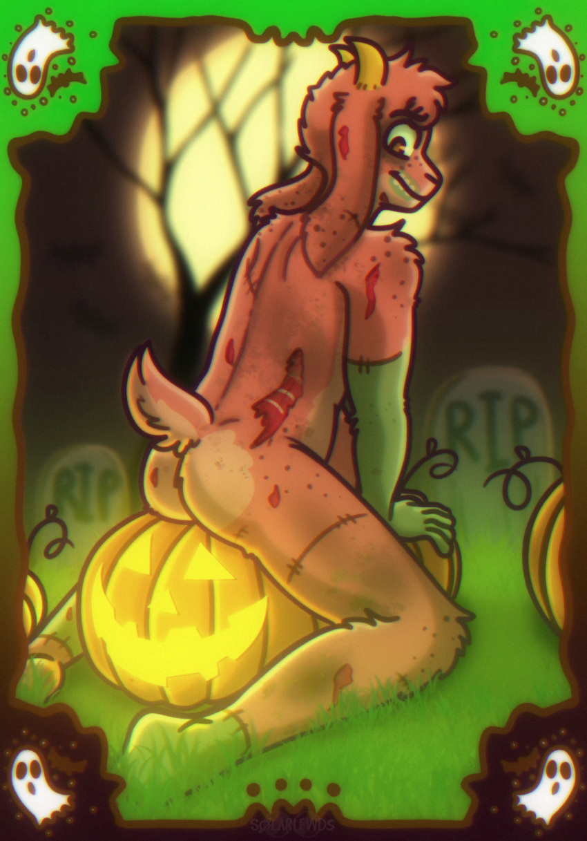 anthro big_butt bovid butt caprine cemetery clothing costume digital_media_(artwork) food fruit fur ghost goat halloween hi_res holidays horn jack-o'-lantern lilian_(solarlewds) looking_at_viewer male mammal moon multicolored_body multicolored_fur night nude outside plant presenting presenting_hindquarters pumpkin red_body red_fur smile solarlewds solo spirit tombstone tree two_tone_body two_tone_fur undead zombie