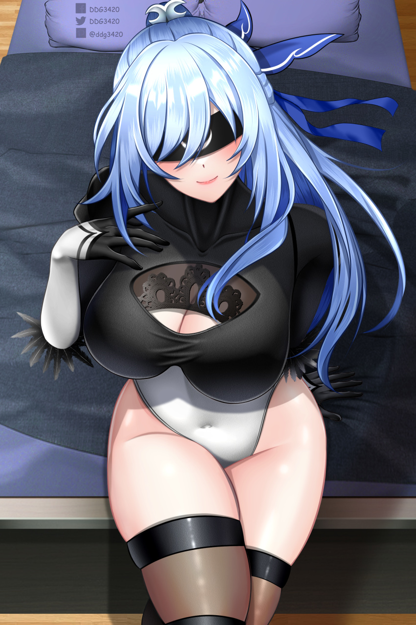 1girl 2b_(nier:automata) 2b_(nier:automata)_(cosplay) absurdres artist_name bed black_blindfold black_gloves black_shirt blindfold blue_hair blue_ribbon boots breasts brown_thighhighs cleavage cleavage_cutout closed_mouth clothing_cutout commentary cosplay covered_collarbone covered_navel cowboy_shot crop_top ddg3420 feather-trimmed_sleeves gloves hair_between_eyes hair_ribbon half_updo hand_on_own_chest high_ponytail highres honkai:_star_rail honkai_(series) jingliu_(honkai:_star_rail) juliet_sleeves large_breasts leotard long_hair long_sleeves nier:automata nier_(series) on_bed ponytail puffy_sleeves ribbon shadow shirt sidelocks sitting skindentation smile solo thighhighs thighhighs_under_boots thong_leotard white_leotard