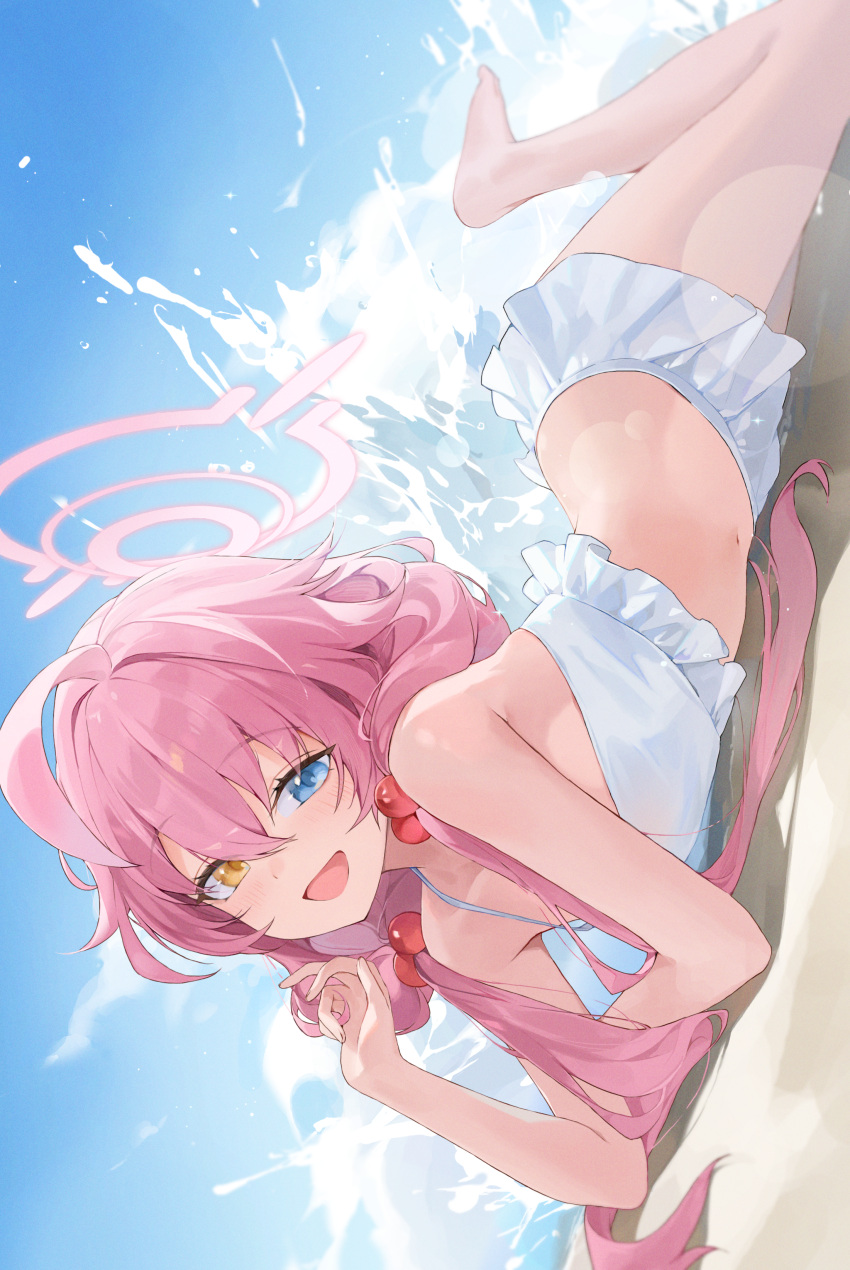 1girl absurdres ahoge bare_arms bare_legs bare_shoulders barefoot beach bikini bikini_skirt blue_archive blue_eyes choyeon day feet frilled_bikini frills hair_bobbles hair_ornament hair_over_shoulder halo hand_up head_tilt heterochromia highres hoshino_(blue_archive) hoshino_(swimsuit)_(blue_archive) leg_up legs long_hair looking_at_viewer midriff navel official_alternate_costume open_mouth outdoors pink_hair smile solo spaghetti_strap stomach sunlight swimsuit thighs toes very_long_hair water white_bikini yellow_eyes