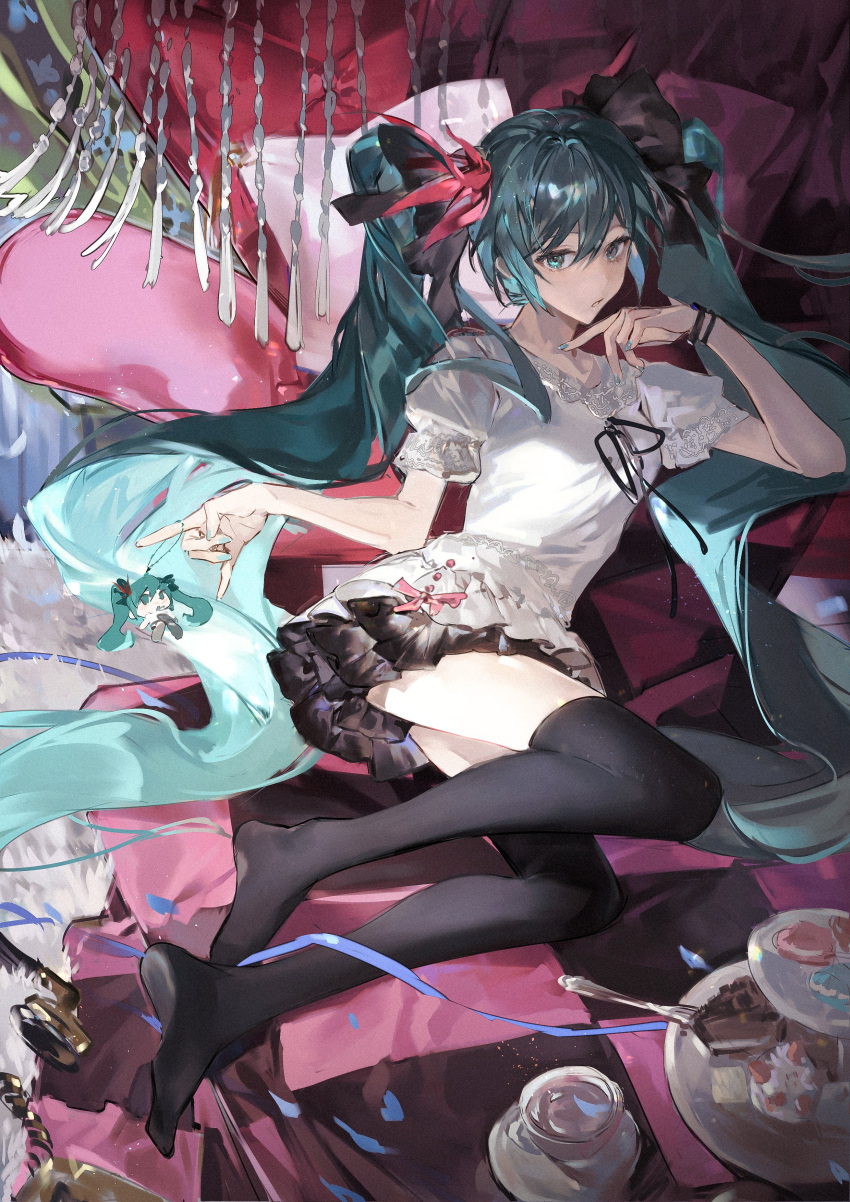 1girl absurdres aqua_eyes aqua_hair aqua_nails asymmetrical_hair black_skirt black_thighhighs blouse cake character_doll chibi chocolate_cake cookie cup food frilled_shirt frills fur_rug hair_ribbon hatsune_miku highres long_hair looking_at_viewer lying macaron miniskirt on_bed on_side pastry pillow plate ribbon shirt short_sleeves skirt solo supreme_(module) teacup thighhighs throne tian_(my_dear) tiered_tray twintails very_long_hair vocaloid world_is_mine_(vocaloid) zettai_ryouiki