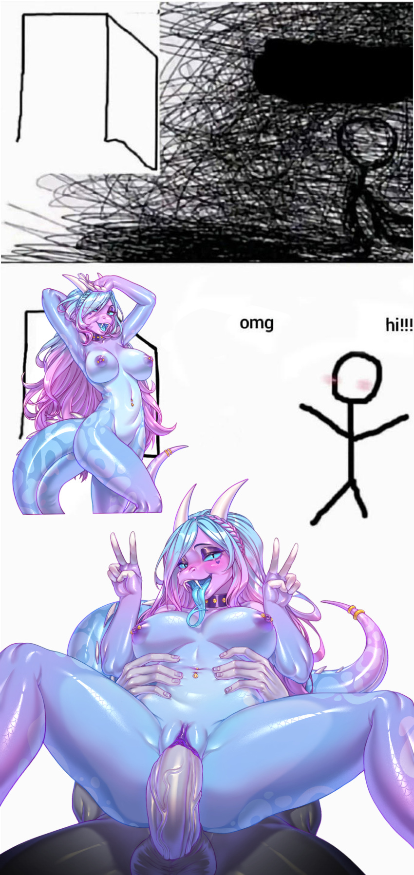 absurd_res anthro blue_body blue_eyes blue_hair blue_scales blue_tongue breasts candii comic dragon fangs female female_penetrated forked_tongue gesture glistening glistening_body hair hi_res horn hybrid looking_at_viewer male male/female male_penetrating male_penetrating_female meme navel navel_piercing nipples nude omg_hi! penetration penile penile_penetration penis_in_pussy piercing pink_hair pupils reptile scales scalie sex shen_art slit_pupils snake solo stick_figure teeth tongue tongue_out v_sign vaginal vaginal_penetration