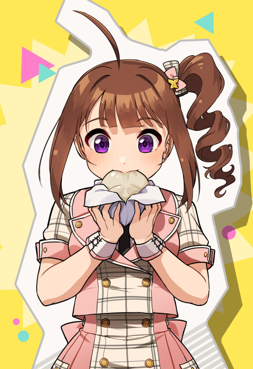 1girl ahoge baozi black_necktie blush brown_hair buttons commentary dot_nose double-breasted drill_hair duplicate eating food hair_ribbon highres idolmaster idolmaster_million_live! idolmaster_million_live!_theater_days kamille_(vcx68) looking_at_viewer medium_hair necktie outline pink_shirt pink_skirt plaid plaid_shirt plaid_skirt purple_eyes ribbon shapes shirt side_drill simple_background skirt smile solo standing thick_outlines white_outline wrist_cuffs yellow_background yokoyama_nao