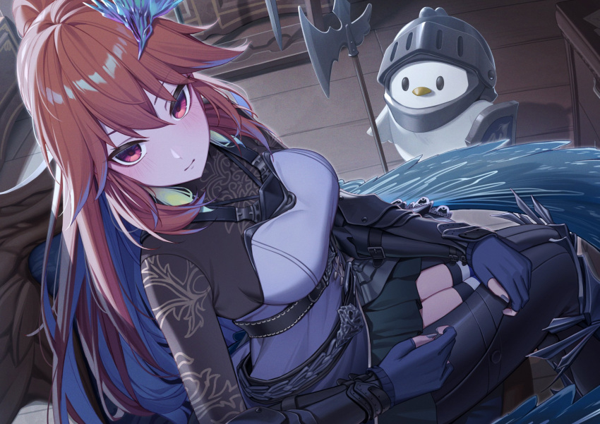1girl armor armored_gloves belt black_shirt blue_nails blush breasts colored_inner_hair earrings erezu feather_earrings feathered_wings feathers fingerless_gloves gauntlets gloves hair_between_eyes hair_ornament halberd high_ponytail highres hololive hololive_english jewelry kfp_employee_(takanashi_kiara) knee_pads leg_armor long_hair long_sleeves looking_at_viewer medium_breasts multicolored_hair multiple_belts nail_polish official_alternate_costume official_alternate_hairstyle orange_hair pleated_skirt polearm poleyn ponytail red_eyes shield shirt sitting skirt streaked_hair takanashi_kiara takanashi_kiara_(6th_costume) thighhighs two-tone_hair weapon wings