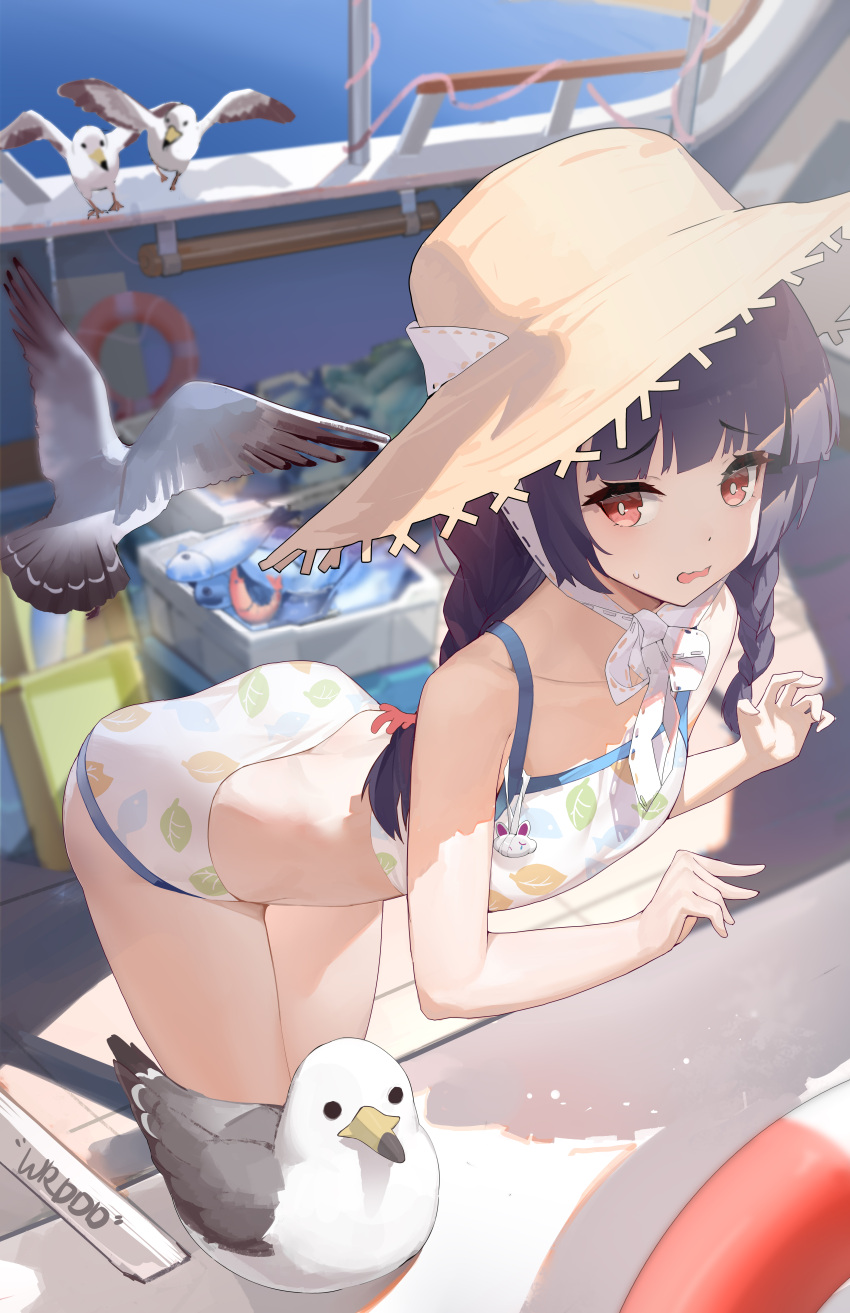 1girl absurdres bikini bird black_hair blue_archive boat braid bright_pupils charm_(object) collarbone coral fish flat_chest hat highres ice_bucket innertube leaning_forward low_twin_braids medium_hair miyu_(blue_archive) miyu_(swimsuit)_(blue_archive) ocean open_mouth outdoors red_eyes seagull shrimp solo straw_hat sun_hat sunlight sweatdrop swimsuit twin_braids watercraft wavy_mouth white_bikini white_pupils wrddd