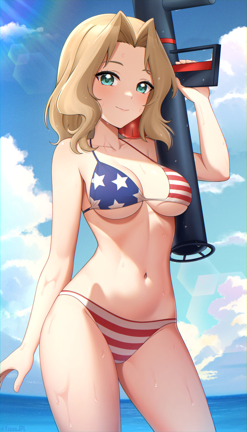 1girl absurdres american_flag_bikini arm_at_side bare_arms bare_shoulders bikini blonde_hair blue_sky breasts closed_mouth cloud cowboy_shot day flag_print girls_und_panzer green_eyes hair_intakes halterneck highres holding holding_weapon horizon kay_(girls_und_panzer) large_breasts lens_flare light_blush light_rays looking_at_viewer medium_hair navel ocean outdoors print_swimsuit sky smile solo standing stomach sunbeam sunlight swimsuit twitter_username underboob water water_drop weapon wet yisusjpl