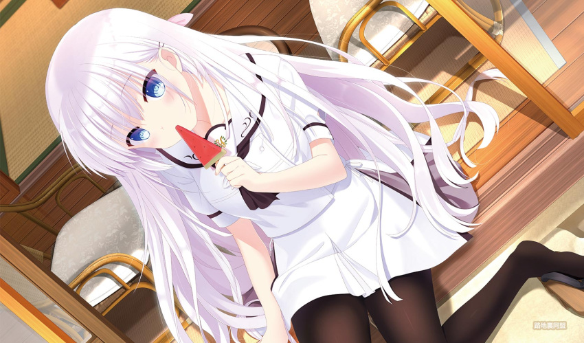 1girl arm_at_side black_pantyhose blue_eyes blush circle_name comiket_102 commentary_request dutch_angle eating eyes_visible_through_hair food hair_between_eyes hair_ornament hairclip hand_up head_tilt highres holding holding_food holding_ice_cream ice_cream indoors long_hair looking_at_viewer miniskirt naruse_shiroha no_shoes otou_(otou_san) pantyhose popsicle puffy_short_sleeves puffy_sleeves sailor_collar sandals sandals_removed school_uniform second-party_source shirt short_sleeves sitting skirt solo spiked_hair summer summer_pockets very_long_hair watermelon_bar white_hair white_sailor_collar white_shirt white_skirt