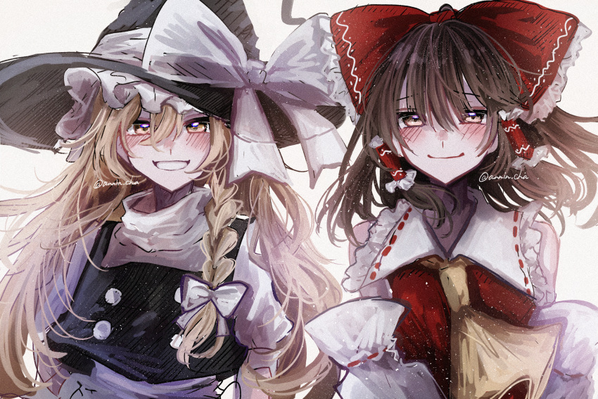 2girls annin_cha ascot bare_shoulders black_hair black_vest blonde_hair blush bow braid closed_mouth detached_sleeves frilled_bow frilled_hair_tubes frilled_shirt_collar frills hair_between_eyes hair_bow hair_tubes hakurei_reimu hat hat_bow hat_ribbon highres japanese_clothes kirisame_marisa looking_at_viewer miko multiple_girls open_mouth red_bow red_shirt ribbon shirt single_braid sleeveless sleeveless_shirt smile touhou upper_body vest white_bow white_ribbon white_shirt witch witch_hat yellow_ascot