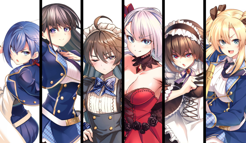 1boy 5girls absurdres apron black_hair blonde_hair blue_eyes blue_hair breasts brown_hair elfine_phillet excalibur_academy_uniform green_eyes gun hand_on_own_chest highres holding holding_gun holding_knife holding_weapon japanese_clothes keigen_hichou knife large_breasts leonis_death_magnus long_hair lyseria_christaria maid_apron maid_headdress multiple_girls official_art one_eye_closed open_mouth otoko_no_ko purple_eyes regina_mercedes sakuya_sieglinde seiken_gakuin_no_maken_tsukai shirley_(seiken_gakuin_no_maken_tsukai) short_hair small_breasts weapon white_hair