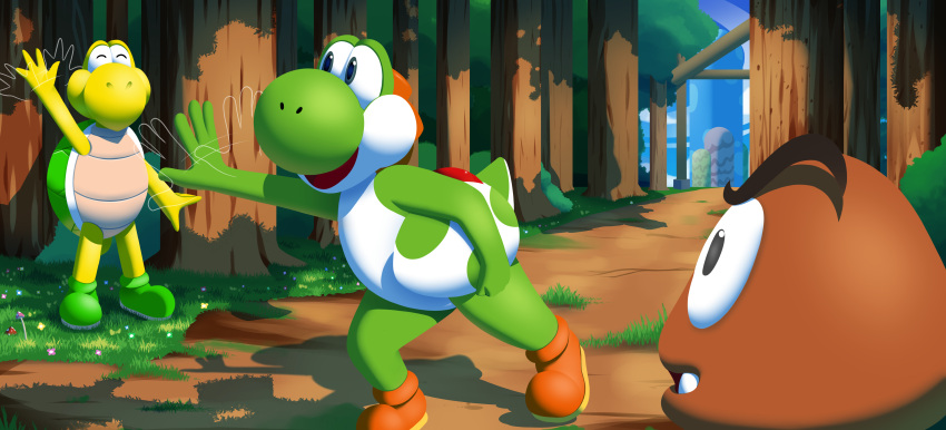 absurd_res ambiguous_gender artesderatzyu clothing detailed_background egg footwear forest gesture goomba grass green_body green_shell green_yoshi group hi_res holding_egg holding_object koopa koopa_troopa lineless mario_bros mushroom_kingdom nintendo path plant scalie scenery shaded shell shoes tree trio walking waving white_body yellow_body yoshi yoshi_egg