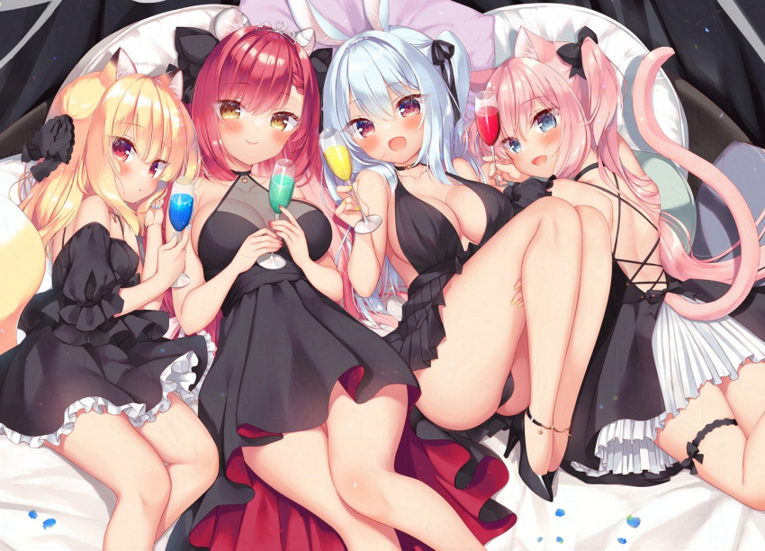 4girls :d animal_ears ass backless_dress backless_outfit bare_shoulders black_bow black_choker black_dress black_footwear black_panties black_ribbon blonde_hair blue_eyes blush boku_no_risou_no_isekai_seikatsu bow breasts brown_eyes cat_ears cat_girl cat_tail champagne_flute chise_(ichiri) choker cleavage closed_mouth commentary_request cup dress drinking_glass feet_out_of_frame fox_ears fox_girl fox_tail hair_between_eyes hair_bow hair_ribbon high_heels holding holding_cup large_breasts lying misia_(ichiri) multiple_girls natielis off-shoulder_dress off_shoulder on_back panties pillow pink_hair pleated_dress puffy_short_sleeves puffy_sleeves rabbit_ears rabimea_(ichiri) red_eyes red_hair ribbon sazaki_ichiri shoes short_sleeves sleeveless sleeveless_dress smile tail tiara two_side_up underwear
