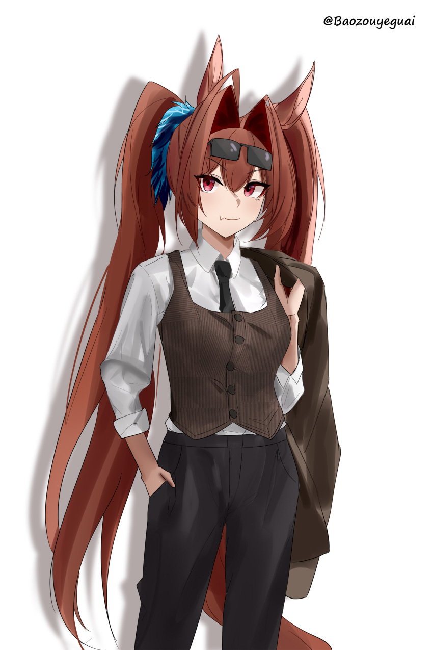 1girl absurdres alternate_costume animal_ears antenna_hair baozouyeguai black_necktie black_pants breasts brown_vest collared_shirt commentary_request daiwa_scarlet_(umamusume) dress_shirt eyewear_on_head fang hair_between_eyes hair_intakes hair_ornament hand_in_pocket highres holding holding_clothes holding_jacket horse_ears horse_girl horse_tail jacket long_hair long_sleeves medium_breasts necktie pants red_eyes red_hair shadow shirt simple_background skin_fang solo sunglasses tail twintails twitter_username umamusume unworn_jacket very_long_hair vest white_background white_shirt