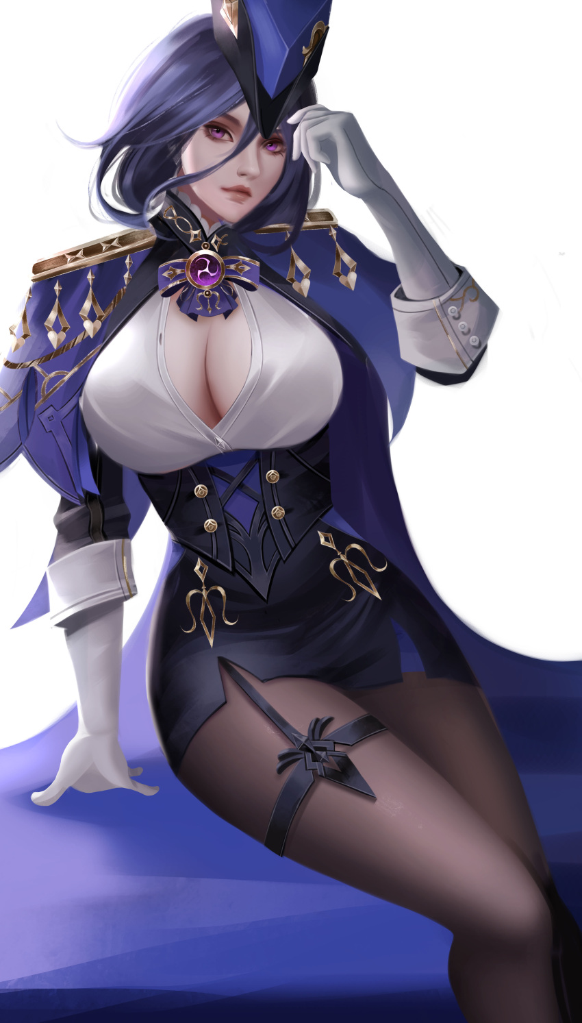 1girl absurdres arm_support ascot black_corset black_pantyhose black_skirt blue_ascot blue_background blue_cape blue_hair blue_headwear breasts cape cleavage clorinde_(genshin_impact) closed_mouth corset dang_artt dark_blue_hair epaulettes fold-over_gloves genshin_impact hair_between_eyes hand_on_headwear hat high-waist_skirt highres large_breasts lips long_hair looking_at_viewer low_ponytail pantyhose partially_unbuttoned pencil_skirt purple_eyes shirt simple_background sitting skirt solo thigh_strap tricorne two-tone_background vision_(genshin_impact) white_background white_shirt