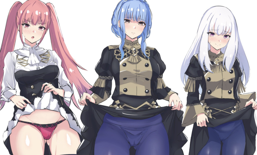 3girls :o angry ascot ass_visible_through_thighs blue_hair blush braid breasts brown_eyes buttons cameltoe closed_mouth clothes_lift commentary_request crown_braid embarrassed fire_emblem fire_emblem:_three_houses frown garreg_mach_monastery_uniform highres hilda_valentine_goneril large_breasts latte lifted_by_self long_hair long_sleeves looking_at_viewer lysithea_von_ordelia marianne_von_edmund medium_breasts multiple_girls panties pantyhose pink_eyes pink_hair pink_panties puffy_sleeves simple_background skirt skirt_lift small_breasts solo sweatdrop thighs twintails underwear uniform very_long_hair white_ascot white_background white_hair