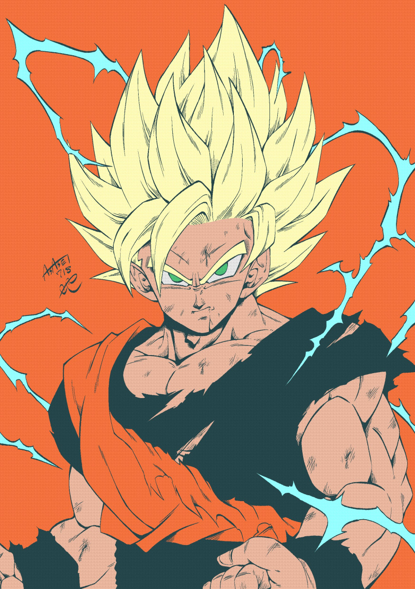 1boy absurdres artist_name biceps black_sash black_shirt black_wristband blonde_hair clenched_hands closed_mouth collarbone commentary_request dougi dragon_ball dragon_ball_z electricity energy green_eyes highres looking_at_viewer male_focus muscular muscular_male orange_background pectorals sash scratches serious seya_(asasei_718) shirt short_sleeves signature simple_background solo son_goku spiked_hair super_saiyan super_saiyan_2 torn_clothes torn_shirt upper_body v-shaped_eyebrows wristband