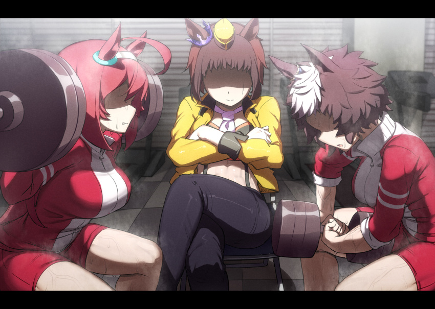 3girls abmayo ahoge animal_ears barbell black_pants brown_hair byerley_turk_(umamusume) commentary_request cowboy_shot crossed_arms dumbbell ear_ornament exercise figure_four_sitting gloves grey_hairband gym gym_shorts hairband highres horse_ears horse_girl jacket letterboxed long_hair mejiro_ryan_(umamusume) mihono_bourbon_(umamusume) multicolored_hair multiple_girls open_clothes open_jacket pants red_jacket red_shorts scar scar_on_face shaded_face short_hair shorts spiked_hair suspenders sweat sweating_profusely tile_floor tiles track_jacket training trait_connection two-tone_hair umamusume weightlifting white_gloves white_hair yellow_headwear yellow_jacket