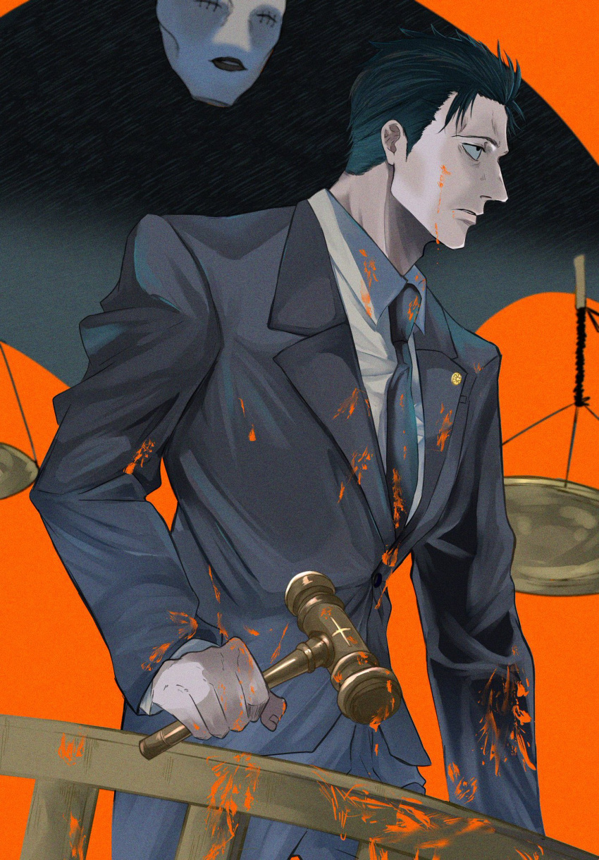 1boy balance_scale black_eyes black_hair black_jacket black_necktie black_pants black_suit blood blood_on_clothes blood_on_face closed_mouth collared_shirt cowboy_shot formal gavel gnb01 hammer highres higuruma_hiromi holding holding_hammer jacket judgeman_(jujutsu_kaisen) jujutsu_kaisen long_sleeves male_focus necktie orange_background pants profile shirt short_hair simple_background standing suit weighing_scale white_shirt