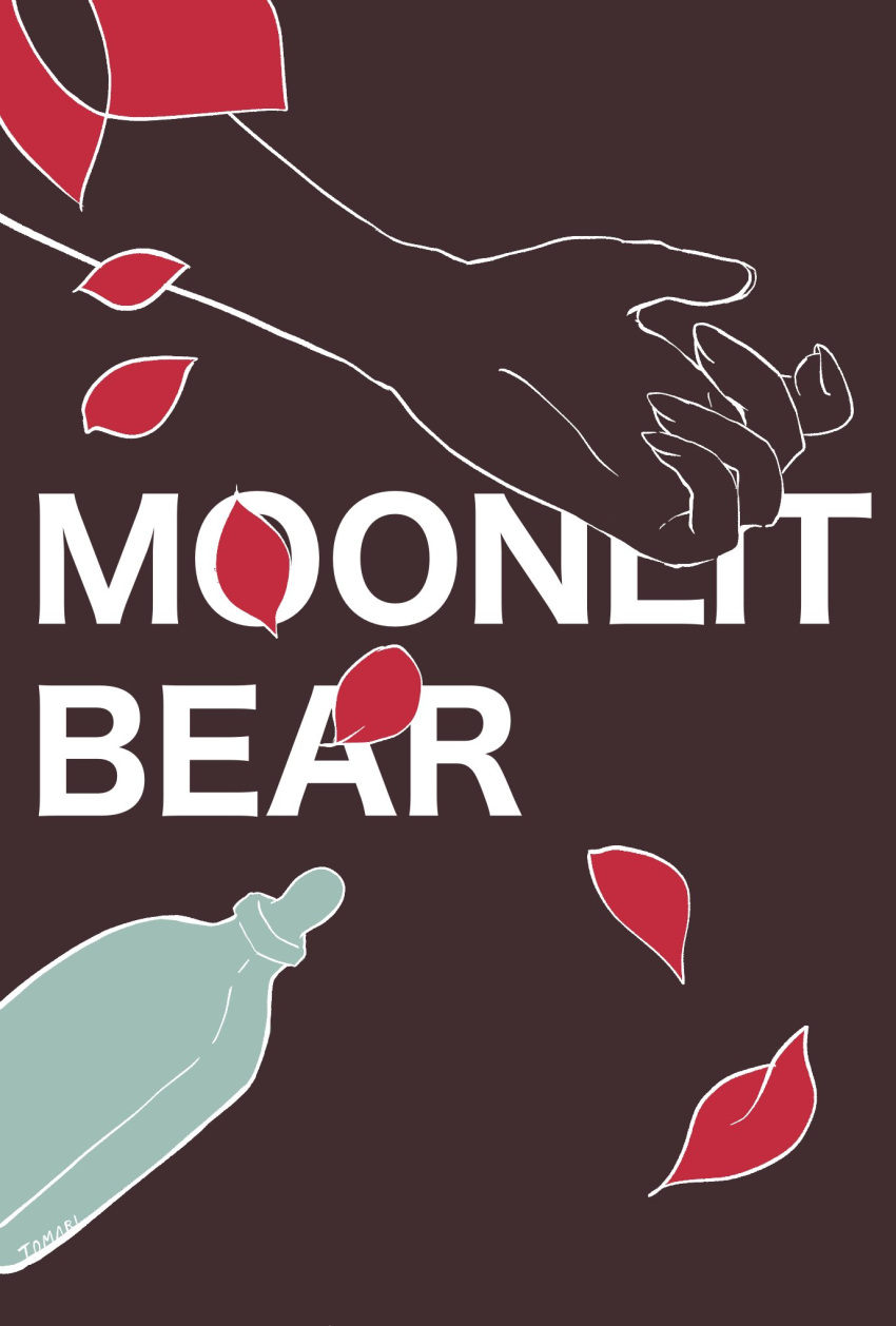 1girl baby_bottle bottle close-up evillious_nendaiki falling_petals highres implied_death limited_palette meiko_(vocaloid) meta_salmhofer milk_bottle moonlit_bear_(vocaloid) petals solo song_name spot_color tomari_drew