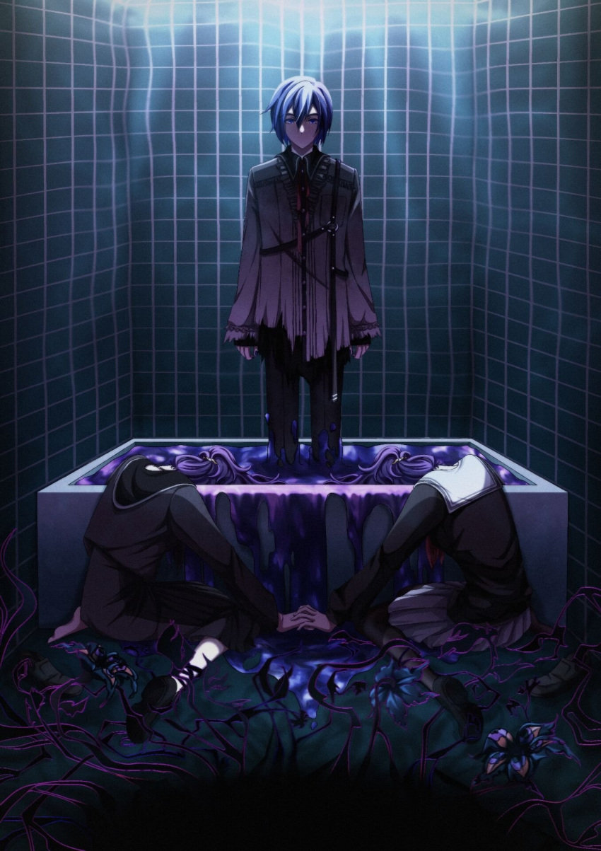 1boy 25-ji_kaito 25-ji_nightcord_de._(project_sekai) 2girls asahina_mafuyu bathroom bathtub blue_hair dark dark_elf dual_persona elf flower highres holding_hands interlocked_fingers kaito_(vocaloid) long_sleeves multiple_girls partially_submerged pointy_ears ponytail project_sekai purple_hair school_uniform sei_mika shirt standing surreal symbolism torn_clothes torn_shirt vocaloid wading