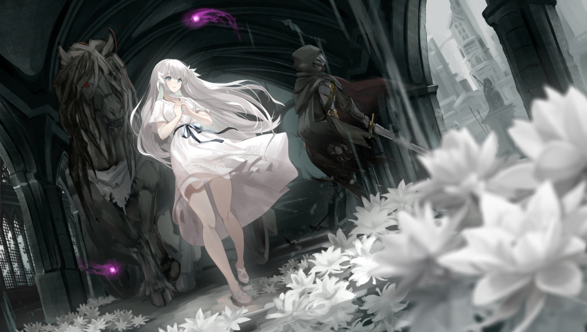 1boy 1girl blue_eyes building dress ender_lilies_quietus_of_the_knights flower highres horse jewelry lily_(ender_lilies) necklace noir_socery777 own_hands_clasped own_hands_together statue sword umbral_knight_(ender_lilies) weapon white_dress white_flower white_footwear white_hair wisp