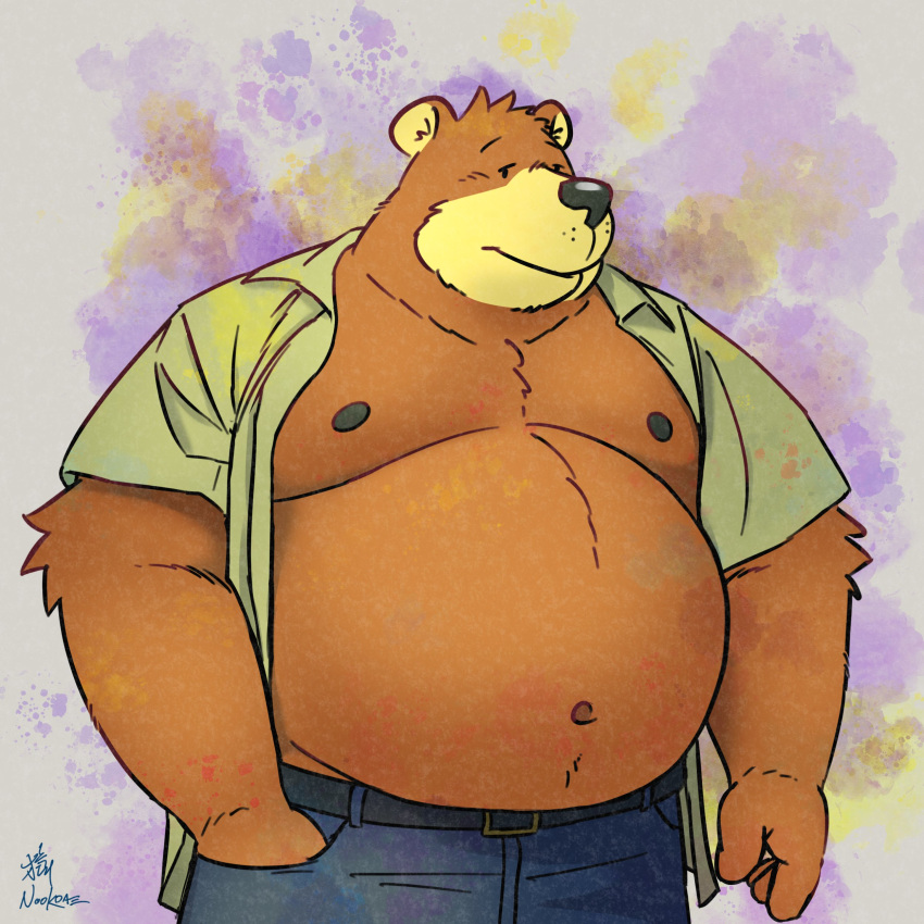 1:1 2023 absurd_res anthro bear belly big_belly black_nose brown_body clothed clothing hi_res kemono male mammal moobs nipples nookdae open_clothing open_shirt open_topwear overweight overweight_male shirt simple_background solo topwear