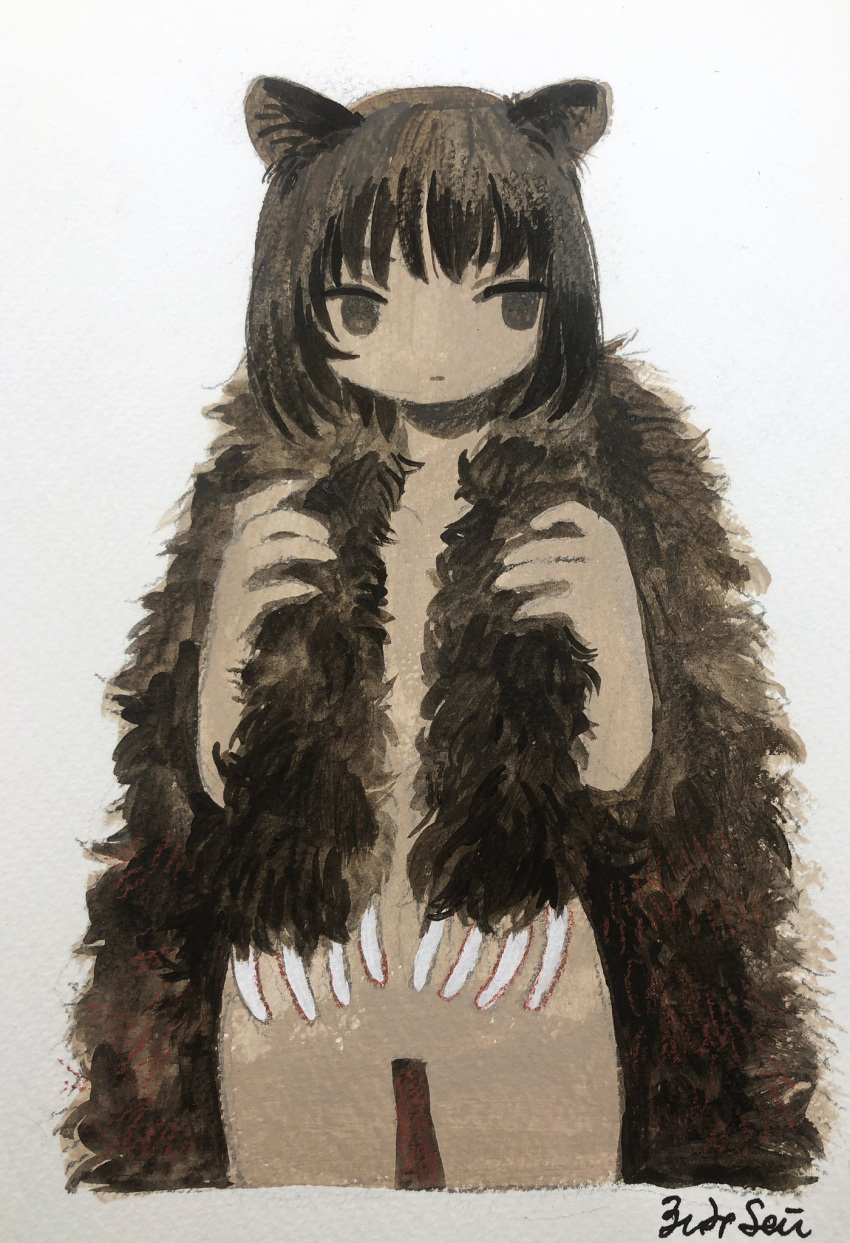 1girl animal_ears bear_ears bear_girl bear_pelt brown_eyes brown_hair closed_eyes clothes_on_shoulders commentary_request cropped_legs expressionless gradient_background hands_up highres holding no_pupils no_sclera nude original painting_(medium) short_hair sideways_glance signature solo traditional_media white_background zinbei
