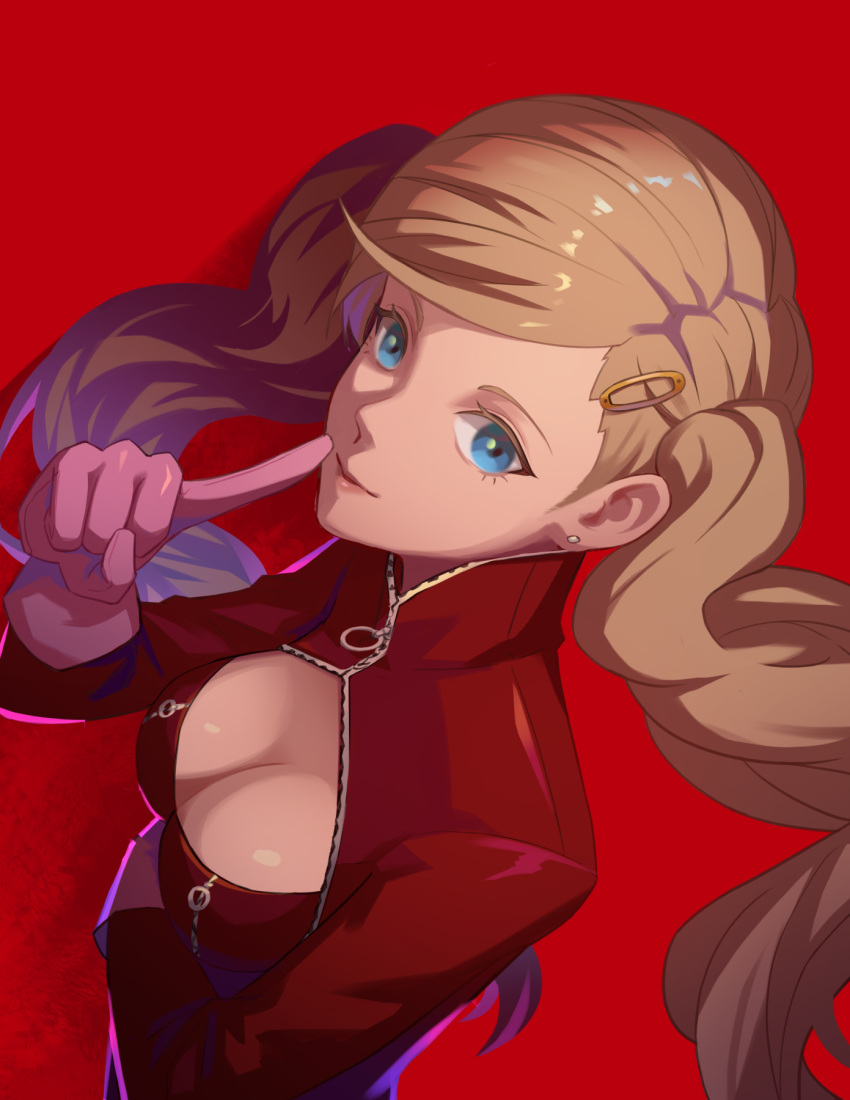 1girl blonde_hair blue_eyes bodysuit breasts cleavage earrings finger_to_mouth floating_hair gloves hair_ornament hairclip highres index_finger_raised jewelry long_hair looking_at_viewer medium_breasts persona persona_5 pink_gloves red_background red_bodysuit reveen shushing solo swept_bangs takamaki_anne twintails upper_body very_long_hair