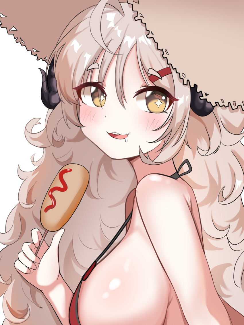 1girl absurdres bare_arms bare_shoulders bikini black_horns blue_archive breasts brown_hair corn_dog demon_horns food highres holding holding_food horns hot_dog izumi_(blue_archive) izumi_(swimsuit)_(blue_archive) large_breasts long_hair red_bikini simple_background solo swimsuit white_background yellow_eyes yhs040626