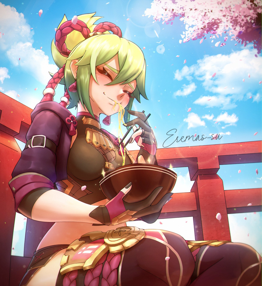 1girl artist_name black_shirt blue_sky blush breasts closed_eyes cup cup_ramen earrings eremas-su falling_petals fence food genshin_impact gloves green_hair highres holding holding_cup jacket jewelry kuki_shinobu noodles partially_fingerless_gloves petals pink_petals purple_jacket ramen shirt short_hair sky smile thighhighs