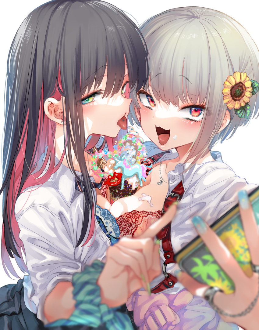 2girls black_hair blue_bra blue_scrunchie blush bra breast_press breasts collar ear_piercing flower food green_eyes grey_hair hair_flower hair_ornament highres ice_cream kamizuki_shiki large_breasts long_hair multicolored_hair multiple_girls nail_polish open_clothes open_mouth open_shirt original piercing pink_hair red_bra red_eyes scrunchie shirt simple_background smile tongue tongue_out tongue_piercing two-tone_hair underwear white_shirt wrist_scrunchie